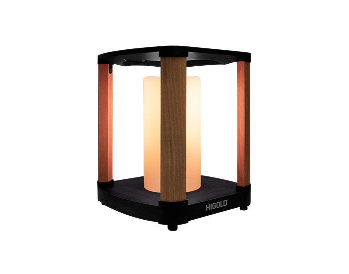 LÁMPARA SOLAR AURORA DE INTERIOR/EXTERIOR CON BASE NEGRA Y MADERA DE TECA (27.5×23×23cm)