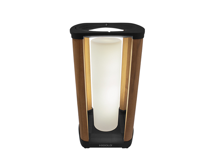 LÁMPARA SOLAR AURORA DE INTERIOR/EXTERIOR CON BASE NEGRA Y MADERA DE TECA (42.5×23×23cm)