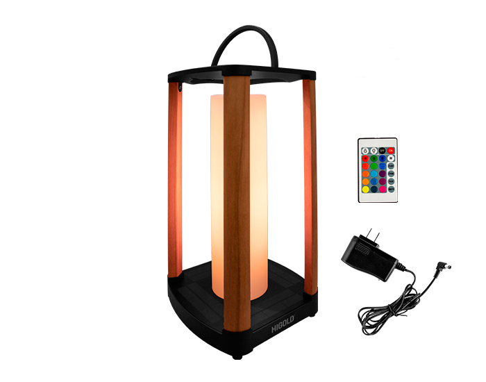 LÁMPARA SOLAR AURORA DE INTERIOR/EXTERIOR CON BASE NEGRA Y MADERA DE TECA (42.5×23×23cm)