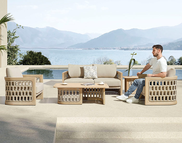 MESA DE CENTRO RIVA P/JARDIN COLOR BEIGE Y MADERA TECA