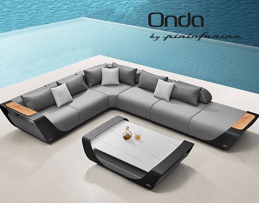 [MCH.SIL.0510] SET SALA ESQUINERA ONDA PARA JARDÍN CON MESA DE CENTRO Y CUBIERTA SUNBRELLA, DISEÑADO POR PININFARINA (5 PZS, NEGRO)