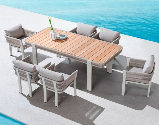[MCH.MES.0535] SET MESA BORROMEO BEIGE MADERA TECA C/6 SILLAS